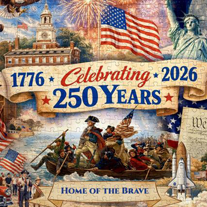 Puzzle with American-themed design celebrating 250 years, featuring the Statue of Liberty, American flag, and historical figures.