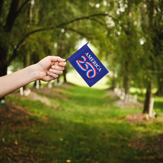 Hand holding a small blue flag with 'AMERICA 250' text in a park setting