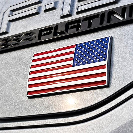 American Flag Car Badge Bundle Left & Right Facing - 3.8" x 2" - All Weather Emblem - Red, Blue & Chrome Finish