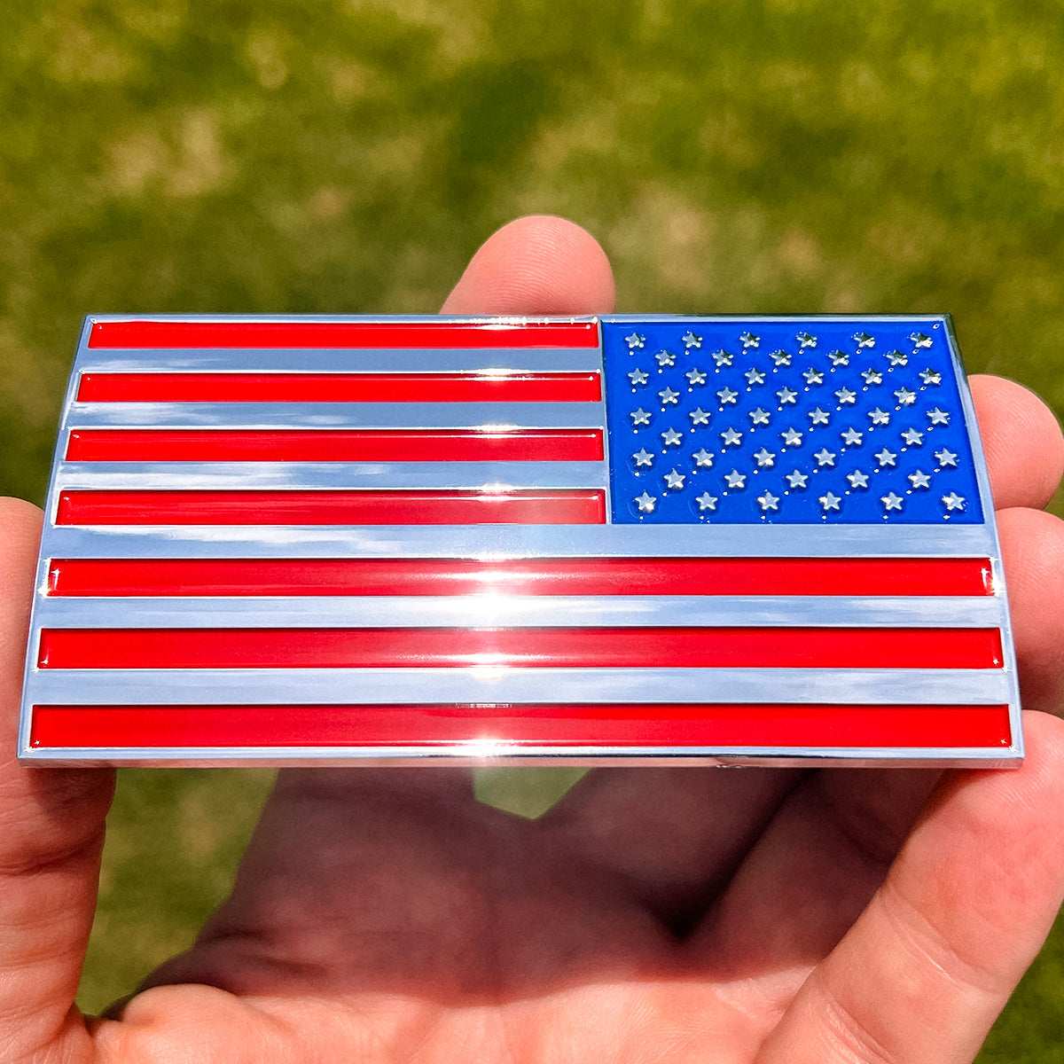 American Flag Badge Bundle Left & Right Facing - 3.8" x 2" - All Weather Emblem - Red, Blue & Chrome Finish