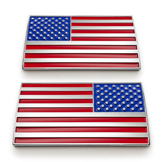 American Flag Car Badge Bundle Left & Right Facing - 3.8" x 2" - All Weather Emblem - Red, Blue & Chrome Finish