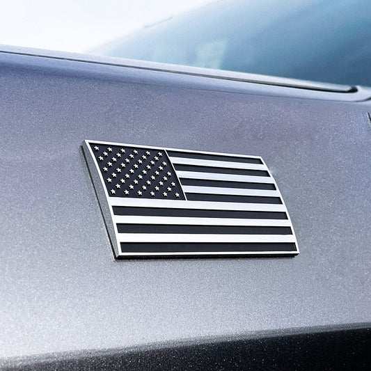 American Flag Car Badge - 3.8" x 2" All-Weather Emblem - Matte Black & Chrome Finish