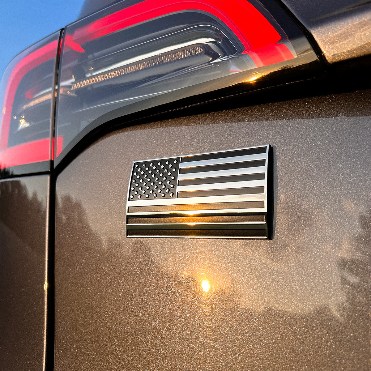 American Flag Badge - 3.8" x 2" All-Weather Emblem - Matte Black & Chrome Finish