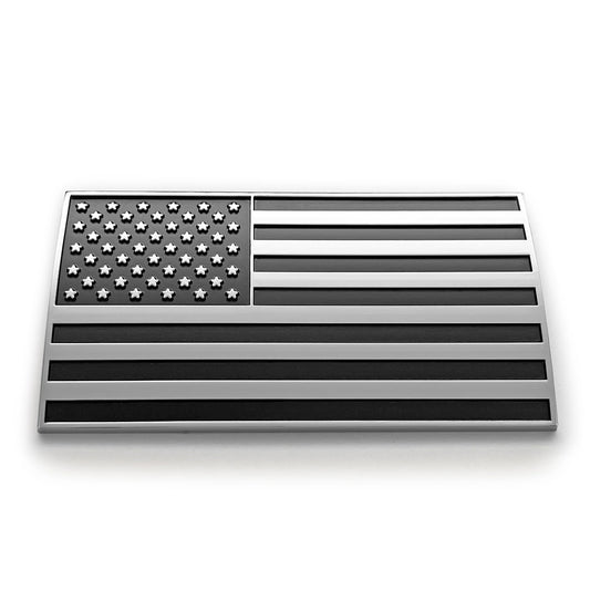 American Flag Car Badge - 3.8" x 2" All-Weather Emblem - Matte Black & Chrome Finish