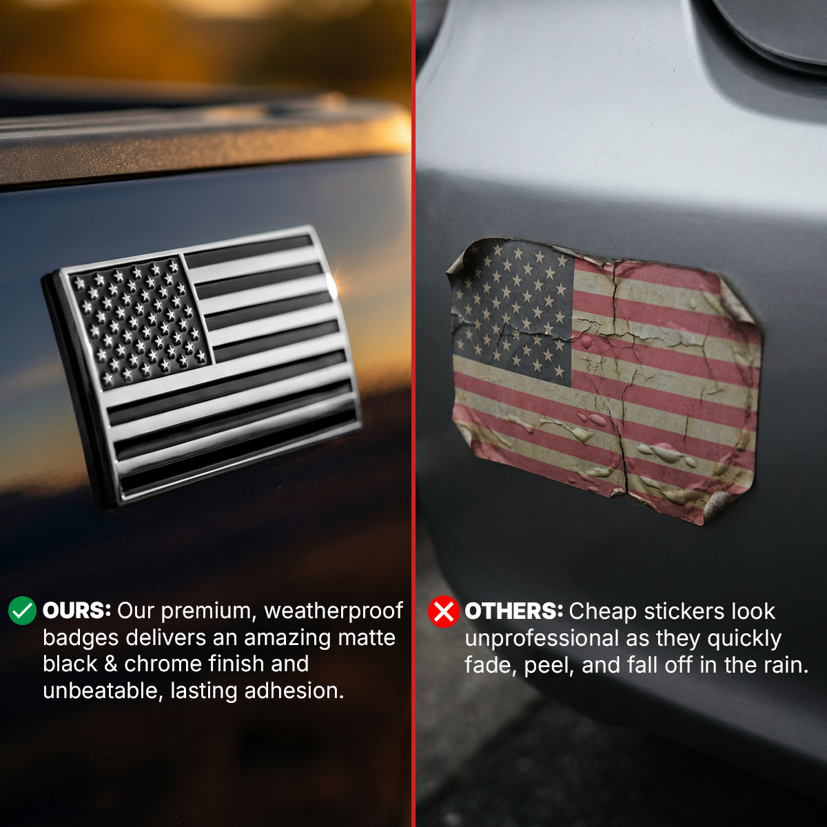 American Flag Badge - 3.8" x 2" All-Weather Emblem - Matte Black & Chrome Finish