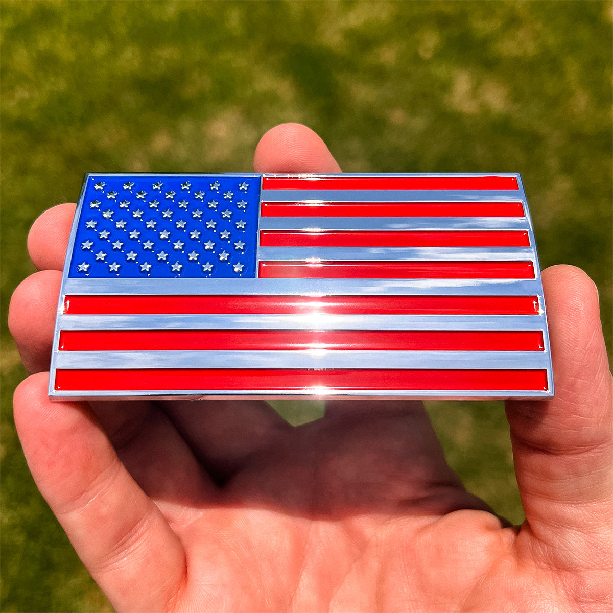 American Flag Badge - 3.8" x 2" All-Weather Emblem - Red, Blue & Chrome Finish