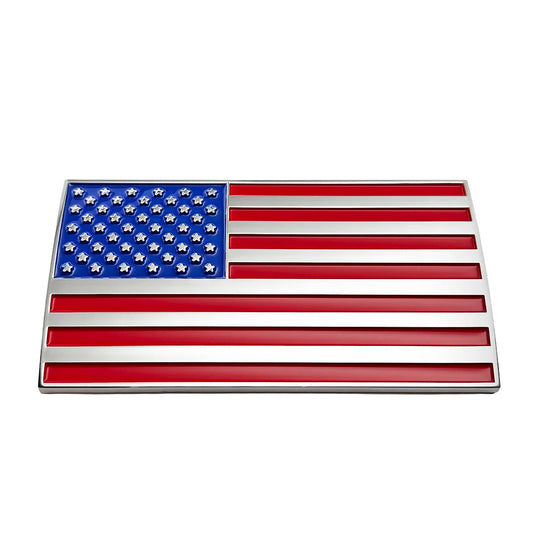 American Flag Car Badge - 3.8" x 2" All-Weather Emblem - Red, Blue & Chrome Finish