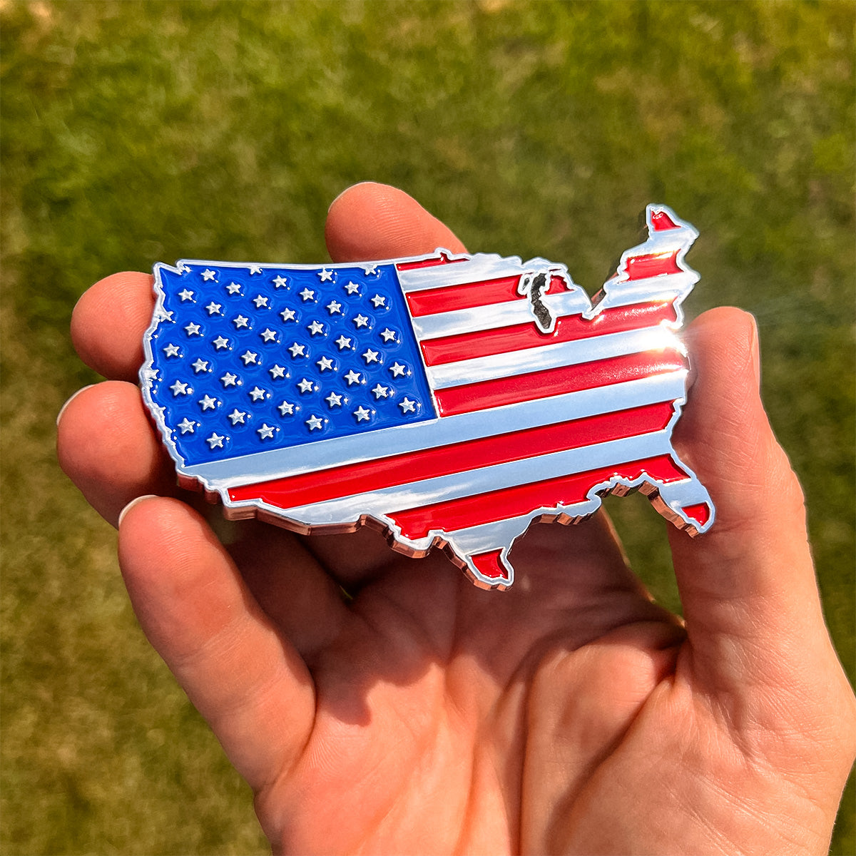 USA Badge - 2.3" x 3.8" All-Weather Emblem - Red, Blue & Chrome Finish