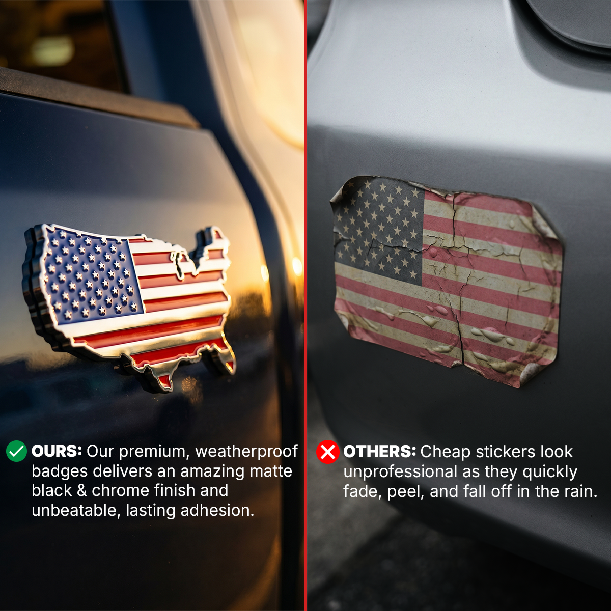 USA Badge - 2.3" x 3.8" All-Weather Emblem - Red, Blue & Chrome Finish