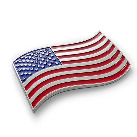 The Wavy American Flag Car Badge - 3.8" x 2.5" All-Weather Emblem - Red, Blue & Chrome Finish