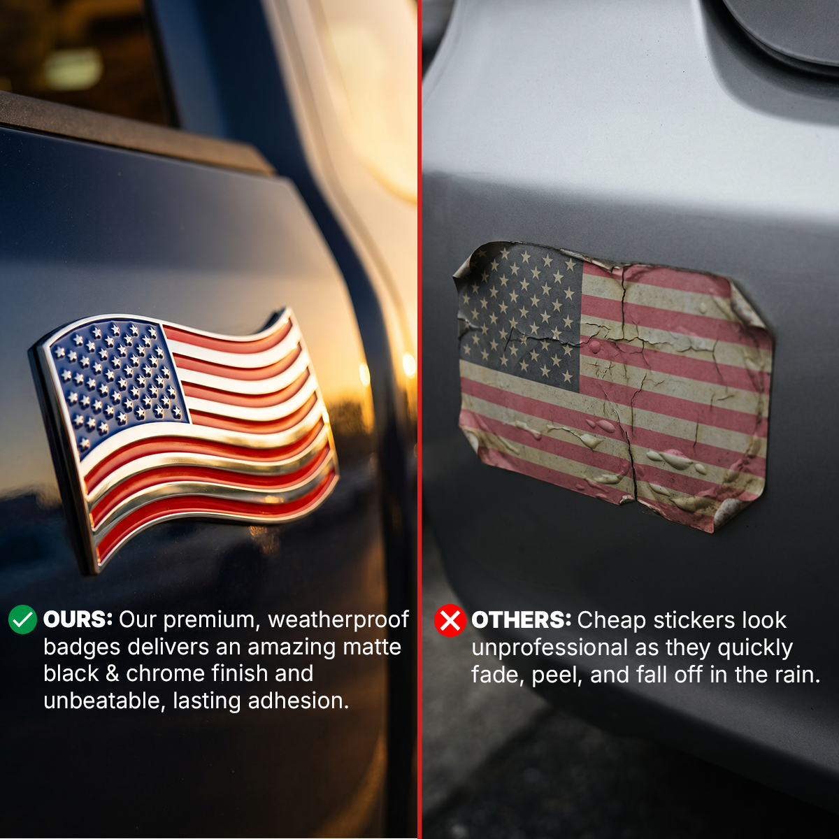 The Wavy American Flag Badge - 3.8" x 2.5" All-Weather Emblem - Red, Blue & Chrome Finish
