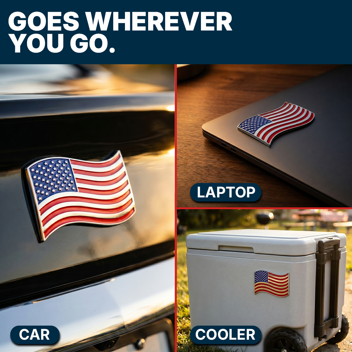 The Wavy American Flag Badge - 3.8" x 2.5" All-Weather Emblem - Red, Blue & Chrome Finish