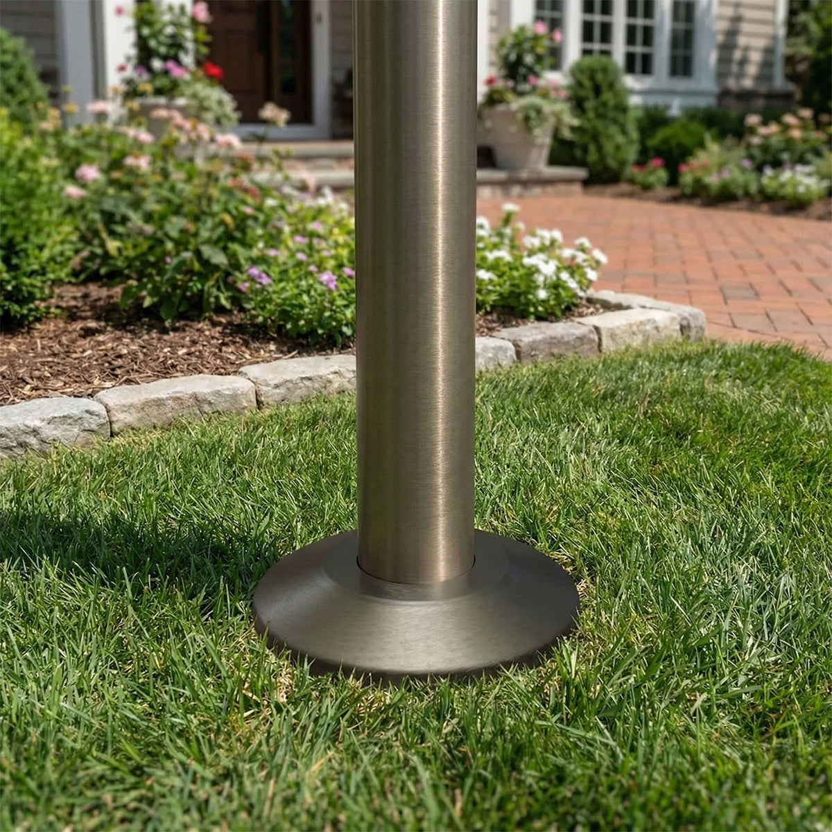 Metal flagpole with base on grass in a garden setting