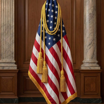 American flag with gold tassels against a wooden wall