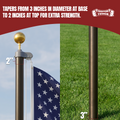 A promotional product graphic for a flagpole. The left half shows a close-up of the top section of a dark flagpole with a gold finial and a U.