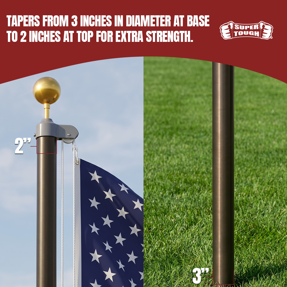 A promotional product graphic for a flagpole. The left half shows a close-up of the top section of a dark flagpole with a gold finial and a U.