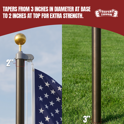 A promotional product graphic for a flagpole. The left half shows a close-up of the top section of a dark flagpole with a gold finial and a U.