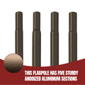 Four dark metallic flagpole sections shown on a white background with a red graphic banner at the bottom containing text and a circular close-up of the finish.