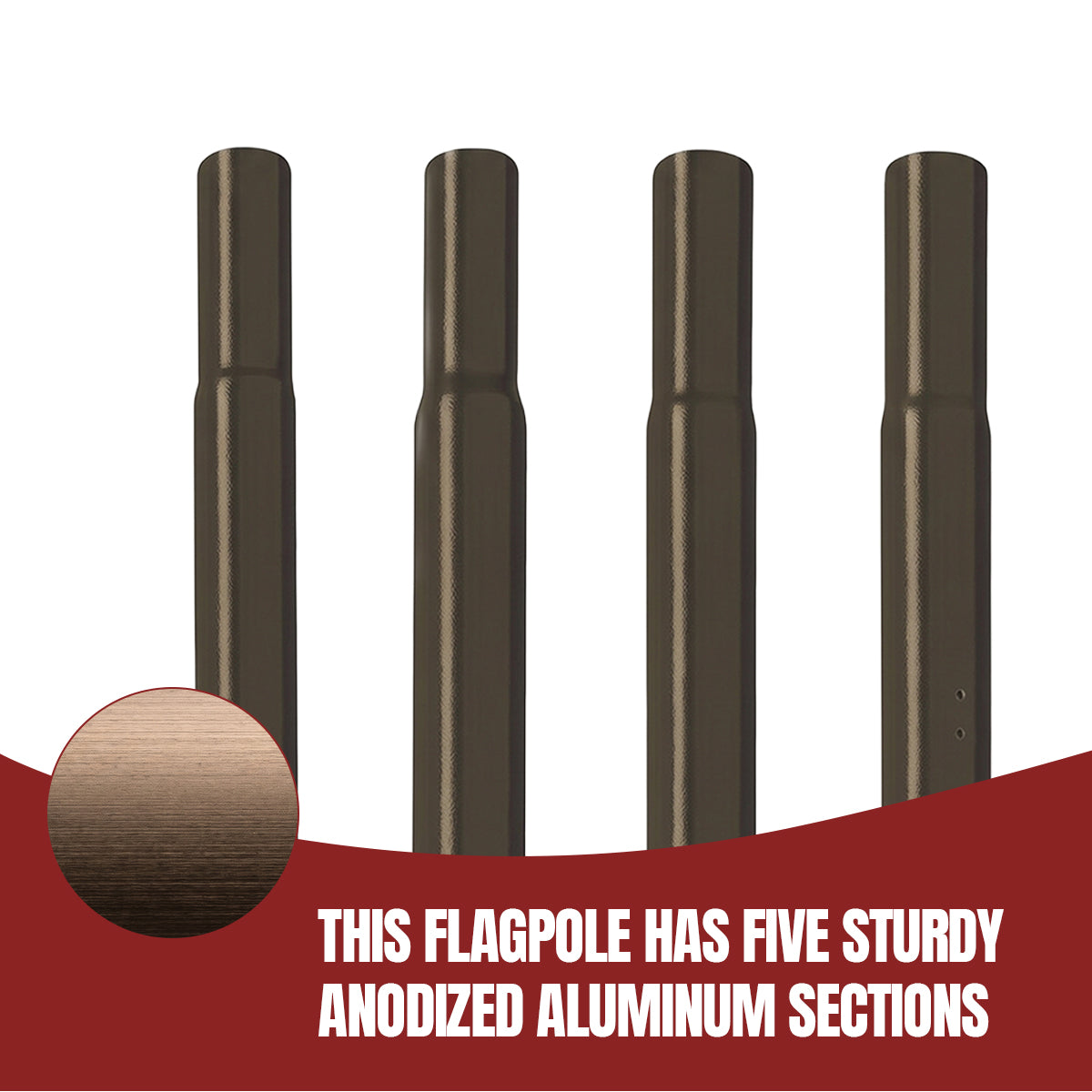 Four dark metallic flagpole sections shown on a white background with a red graphic banner at the bottom containing text and a circular close-up of the finish.