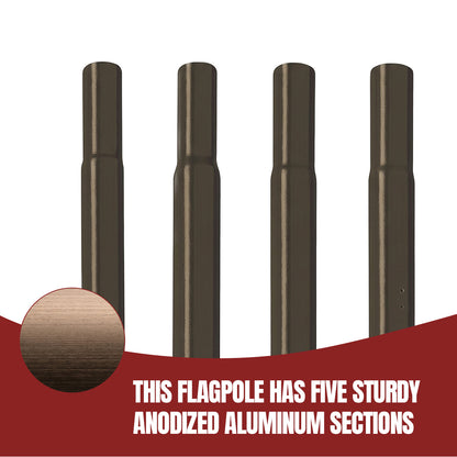 Four dark metallic flagpole sections shown on a white background with a red graphic banner at the bottom containing text and a circular close-up of the finish.