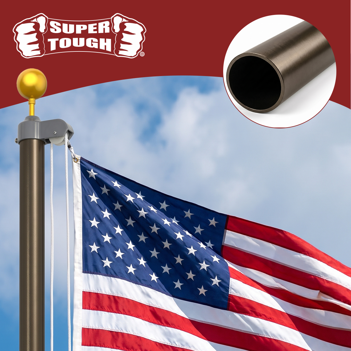 A close-up of a flagpole with a gold ball finial and a U.S.