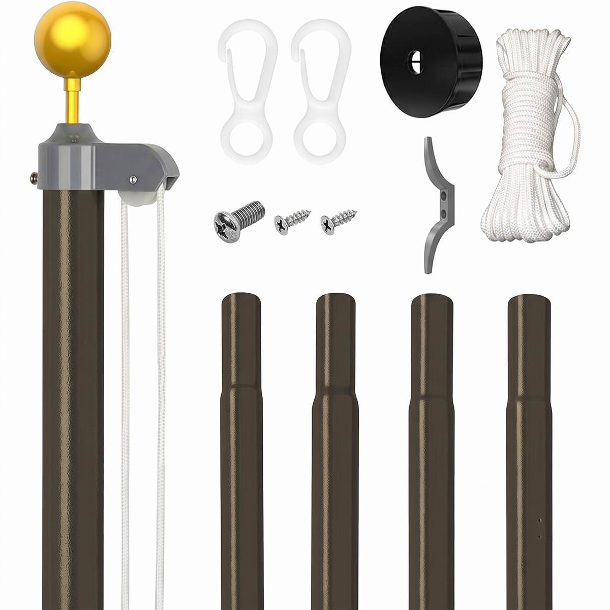A flagpole kit laid out on a white background, including a dark brown flagpole with a gold ball finial, mounting hardware, four additional pole sections, white rope, white clips, a black cap, and a gray bracket.