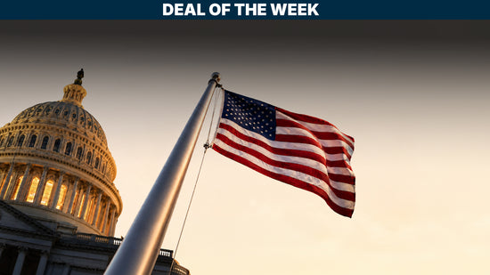American flag in front of the U.S. Capitol building with 'Deal of the Week' text at the top.