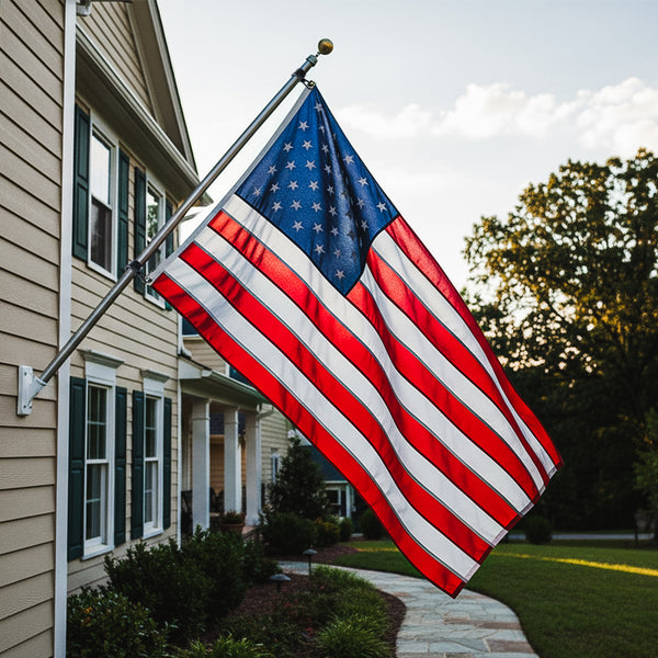 American flag waving outside a house with trees in the background