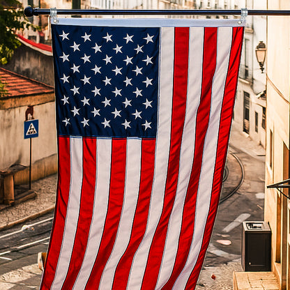 American flag hanging on a street with buildings and a street sign in the background