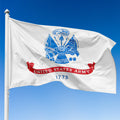 United States Army flag with emblem and text against a clear blue sky