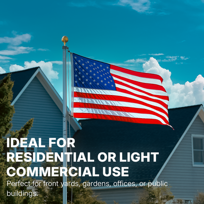 American flag on a pole in front of a house with text about use for residential or light commercial use.