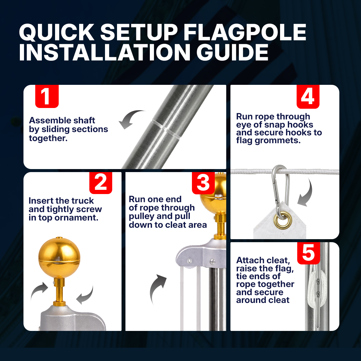 Step-by-step installation guide for a quick setup flagpole on a dark blue background.