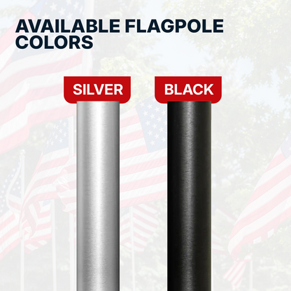 Two flagpoles, one silver and one black, with color options labeled on a light background.