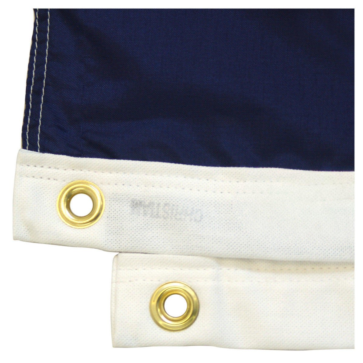 Close-up of a navy blue and white flag with gold eyelets on a white background
