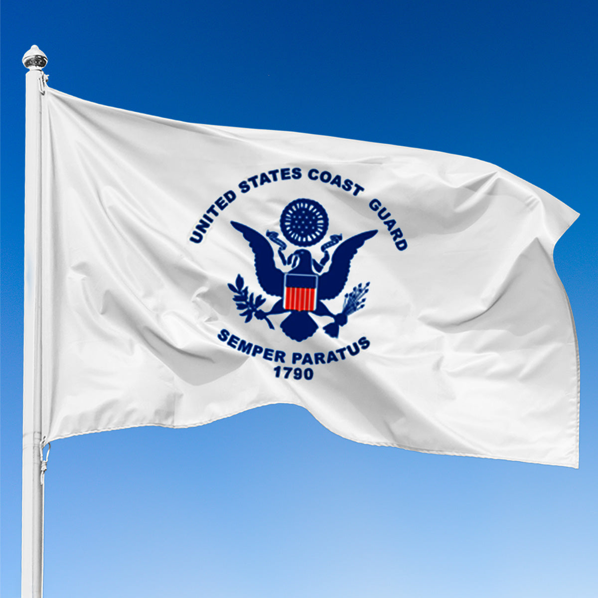 United States Coast Guard flag waving against a clear blue sky