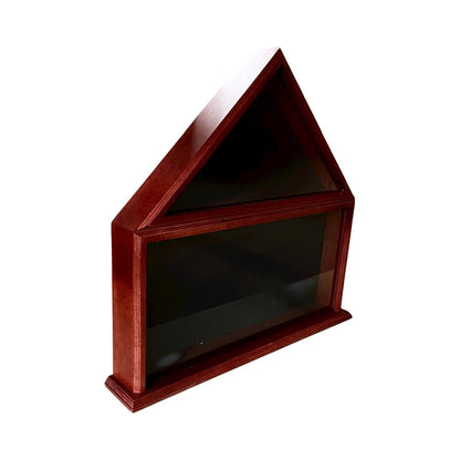 Triangular wooden display case with glass front on a white background