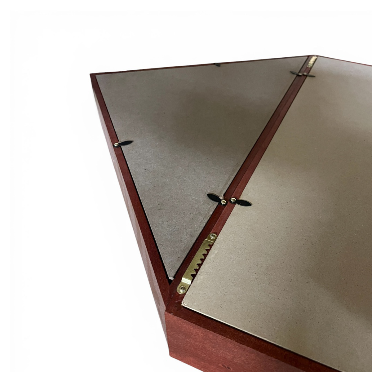 Wooden display case with glass front on a white background