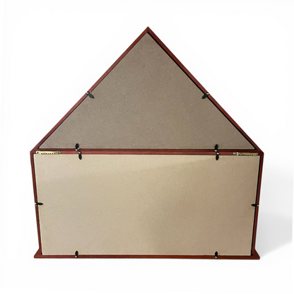 Hinged display case with a beige backing and brown frame on a white background
