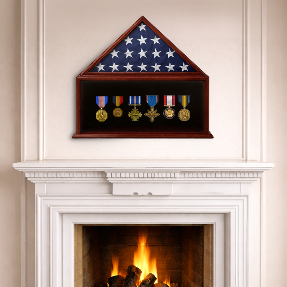 Medal display case with American flag above a fireplace and featuring a frame display area for medals