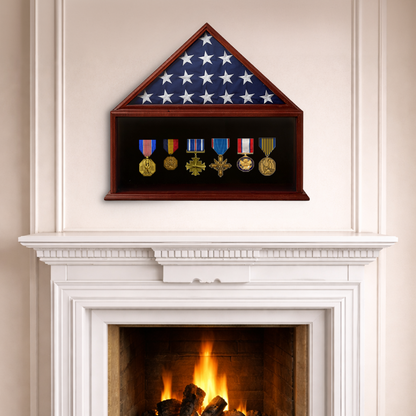 Medal display case with American flag above a fireplace and featuring a frame display area for medals