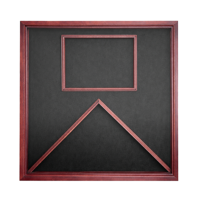 Wood frame display case featuring a black background and two compartments one for holding a document and one for holding a folded American flag.