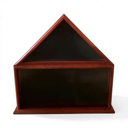 Wooden display case with a black interior on a white background