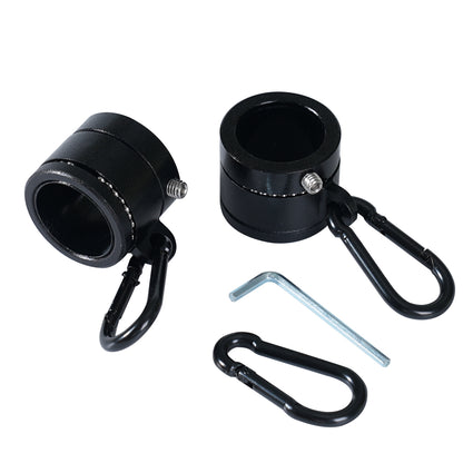 Black flag mounting rings featuring metal clamps with carabiners and a wrench on a white background