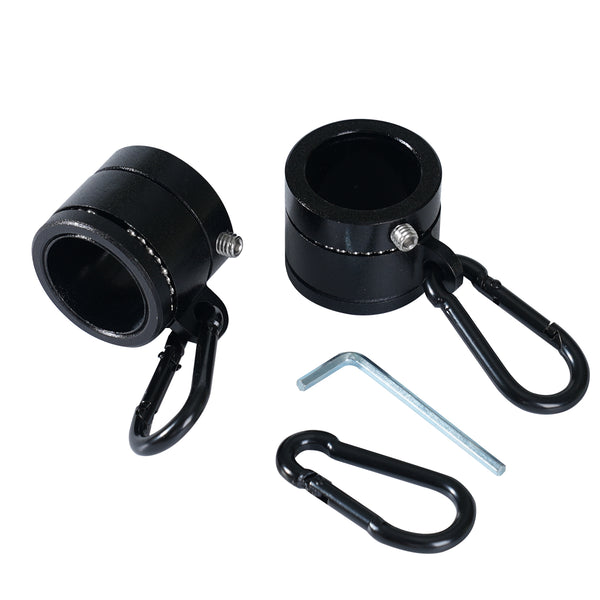 Black flag mounting rings featuring metal clamps with carabiners and a wrench on a white background