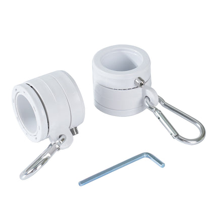 Two white flag mounting rings featuring metal clamps with carabiners and a wrench on a white background