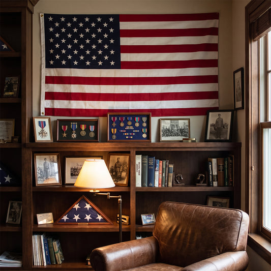 American flag displayed on wall above military medal shadow box, framed photos, and folded flag case in a veteran's home office