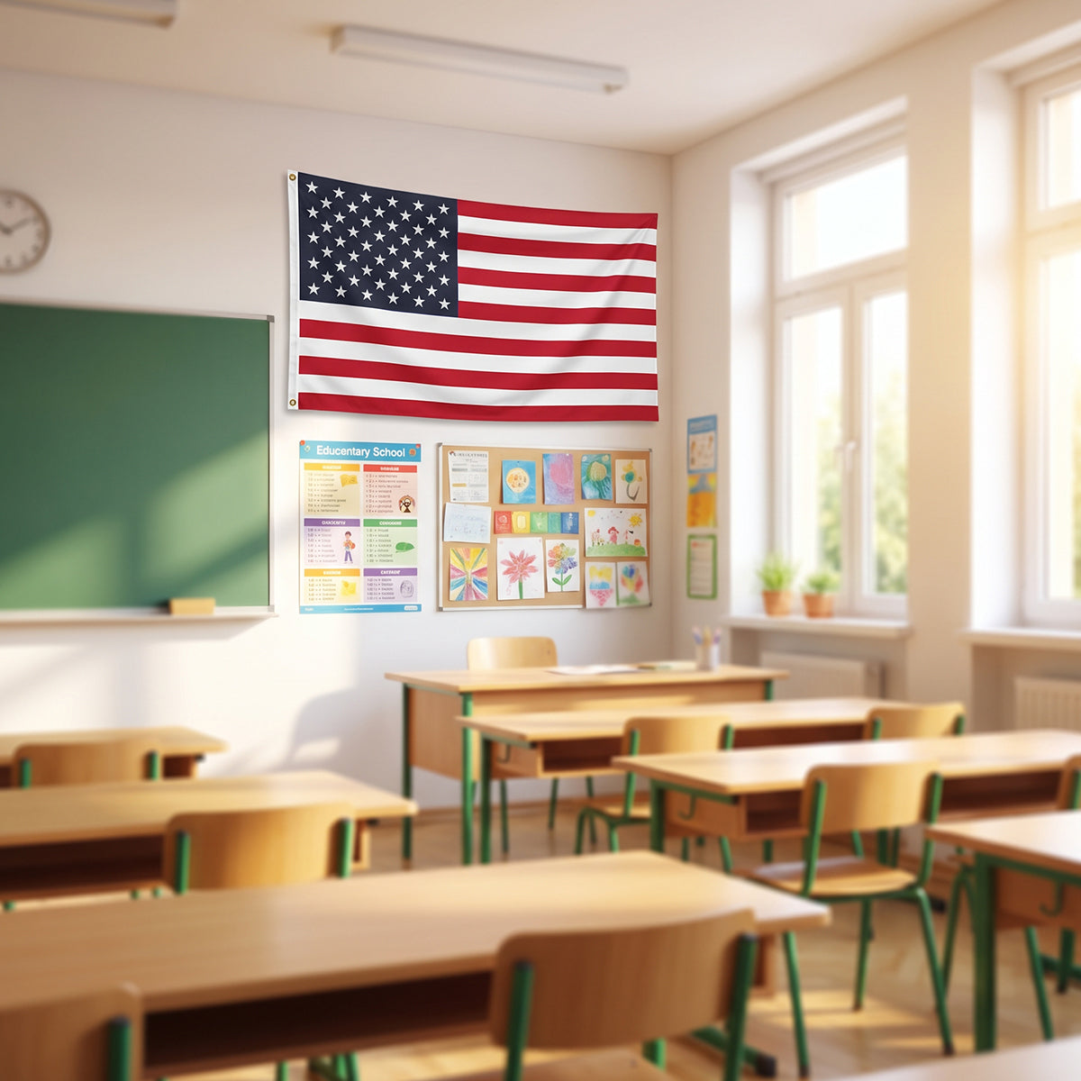 American flag mounted on elementary school classroom wall