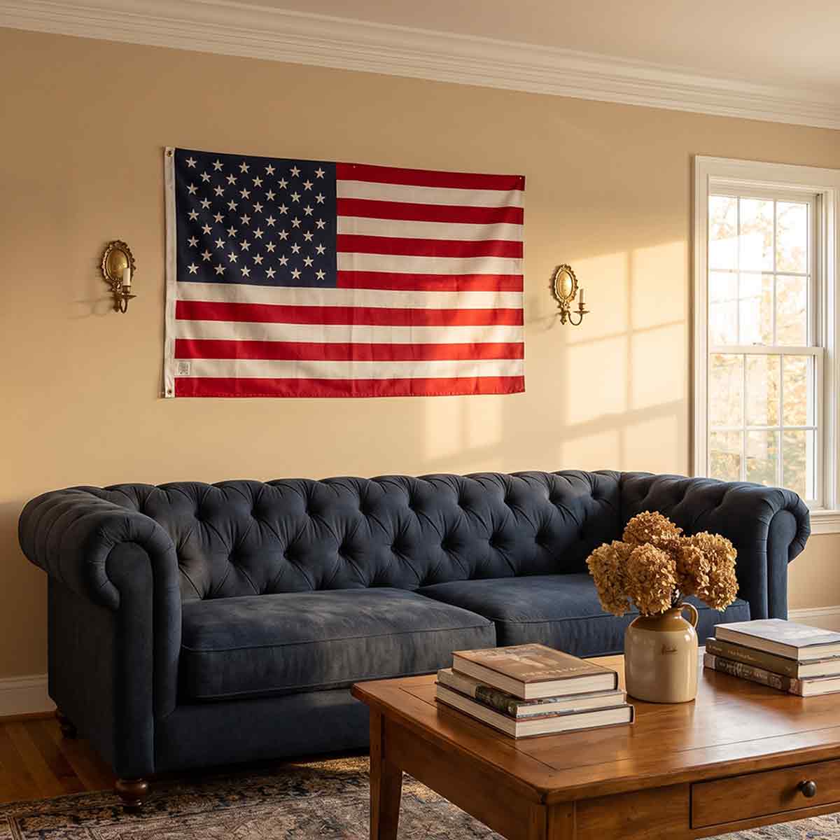 American flag hung on living room wall above a navy blue sofa