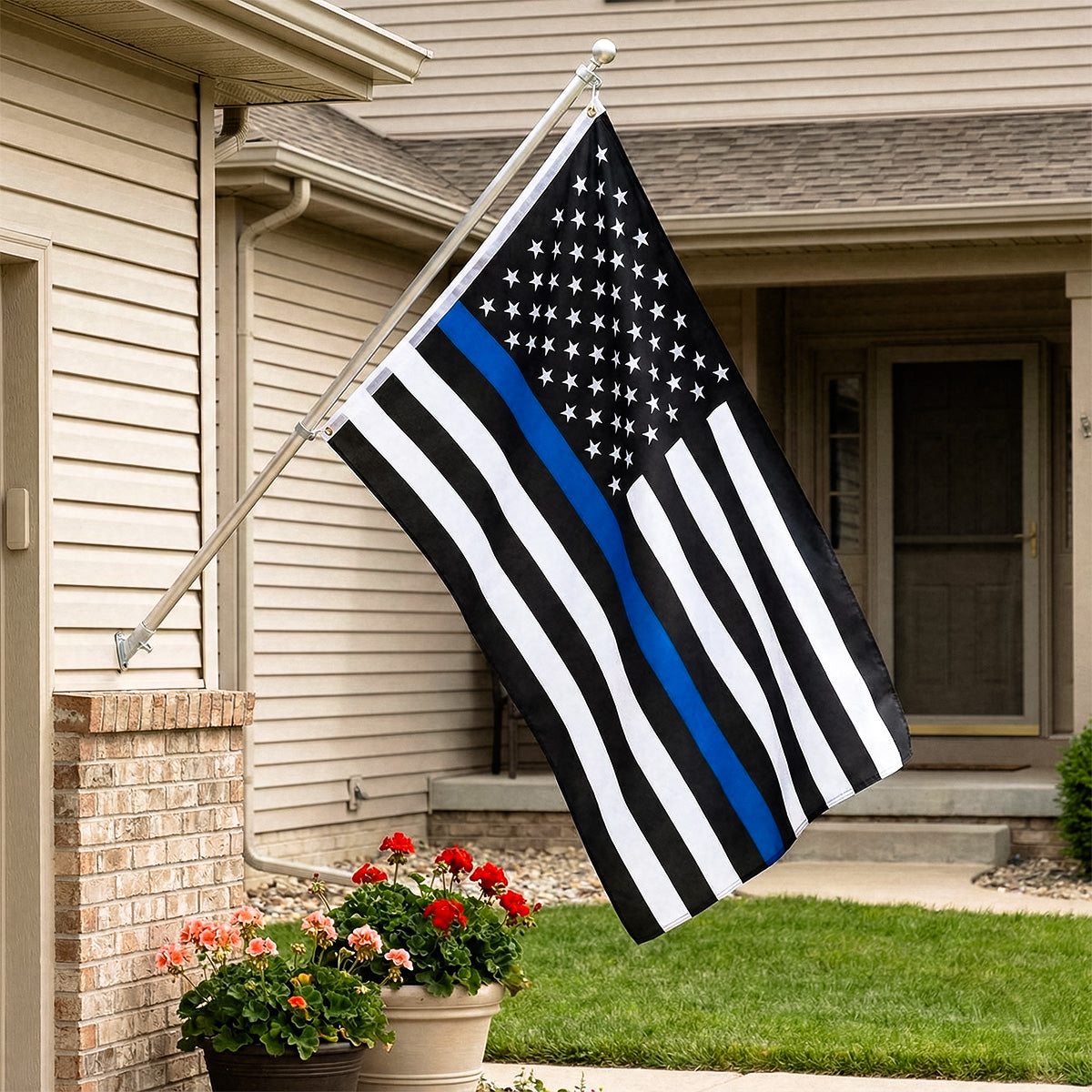 American flag with thin blue line on a flagpole outside a house.