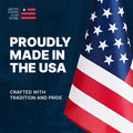 American flag with 'Proudly Made in the USA' text on a blue background